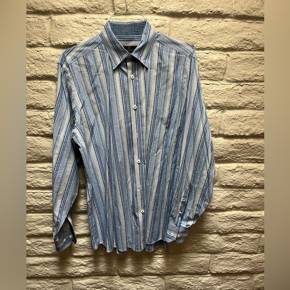 Men’s L Bugatchi Blue Stripe Long Sleeve Dress Shirt